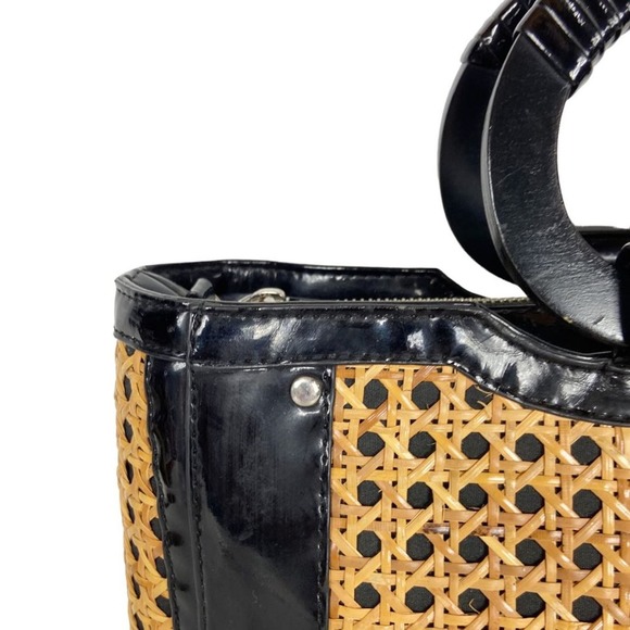 White House Black Market Straw Bag Wicker Black Patent Leather Handbag Tote - Picture 5 of 12